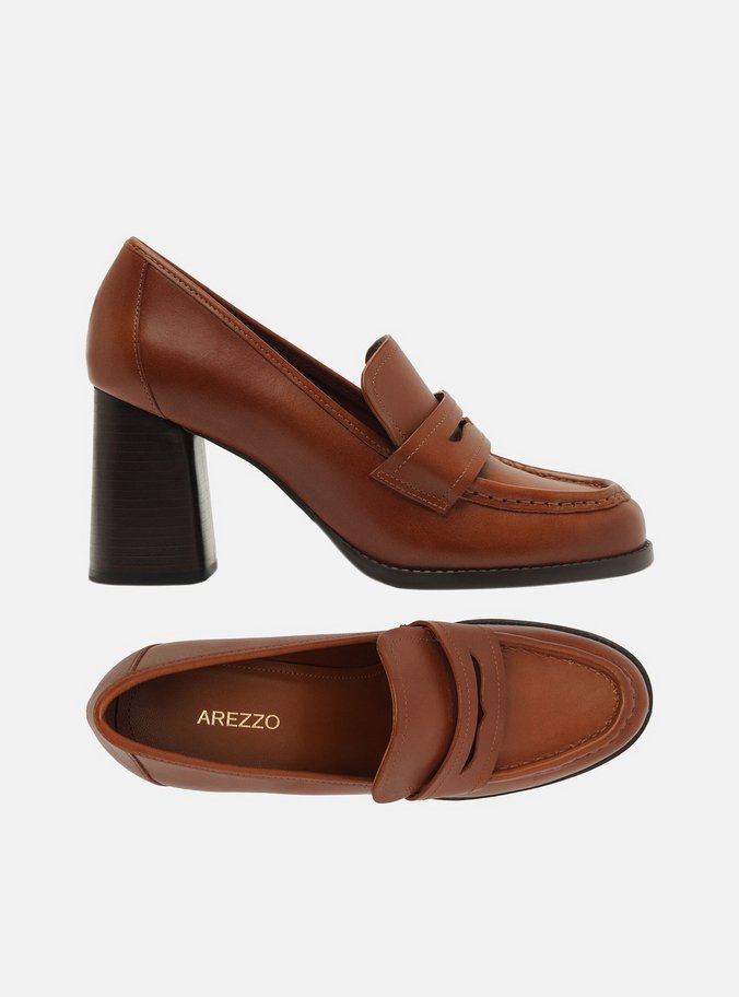 Loafer Caramelo Couro Salto Bloco Tira
