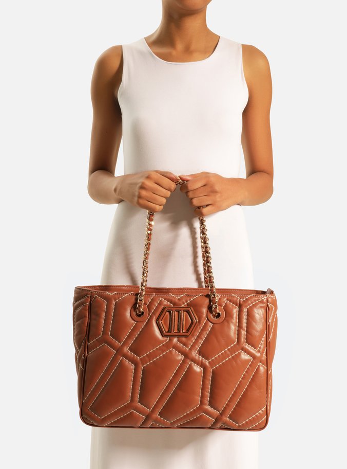 Bolsa Shopping Marrom Couro Pesponto Emma Grande