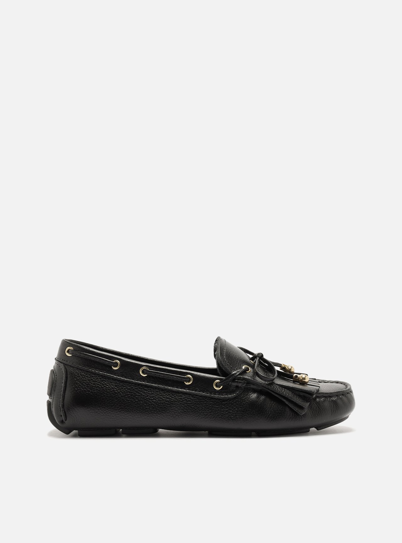 Mocassim Preto Couro Franjas Laço Retrô — foto 1