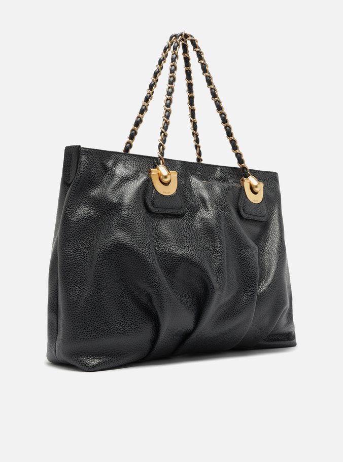 Bolsa Shopping Preta Couro Grande Franzida
