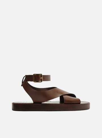 Sandália Marrom Couro Flatform Tiras Largas