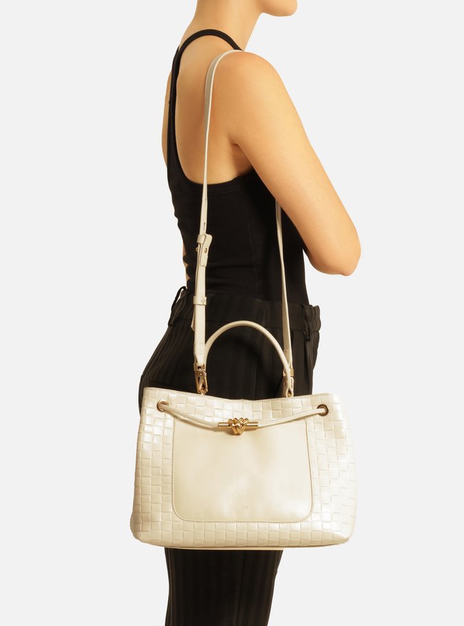 Bolsa Tote Branca Couro Tressê Grande Nó Metal