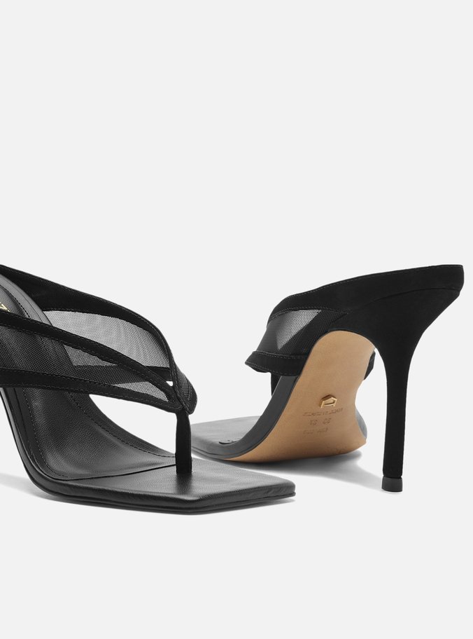 Mule Preta Tela Salto Alto Thong