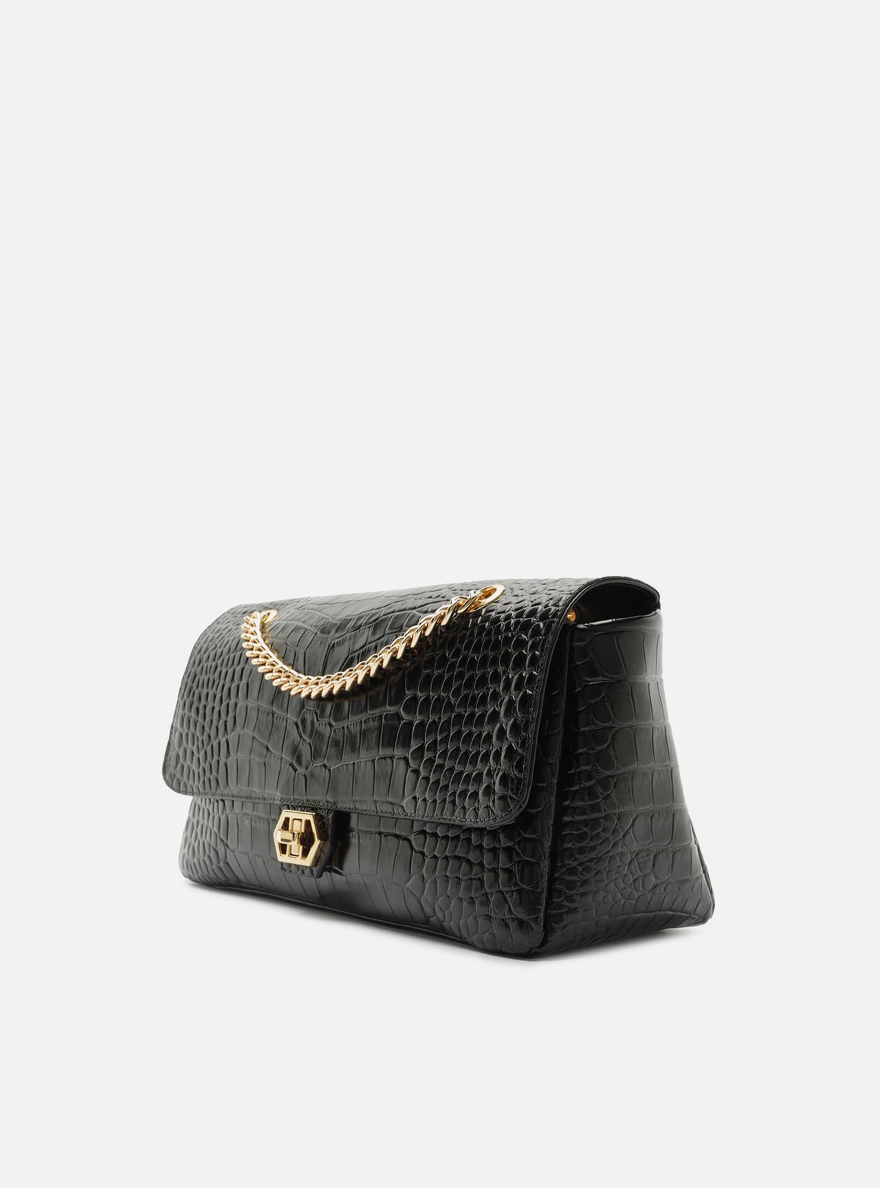 Bolsa Tiracolo Preta Couro Grande Croco Corrente — foto 2