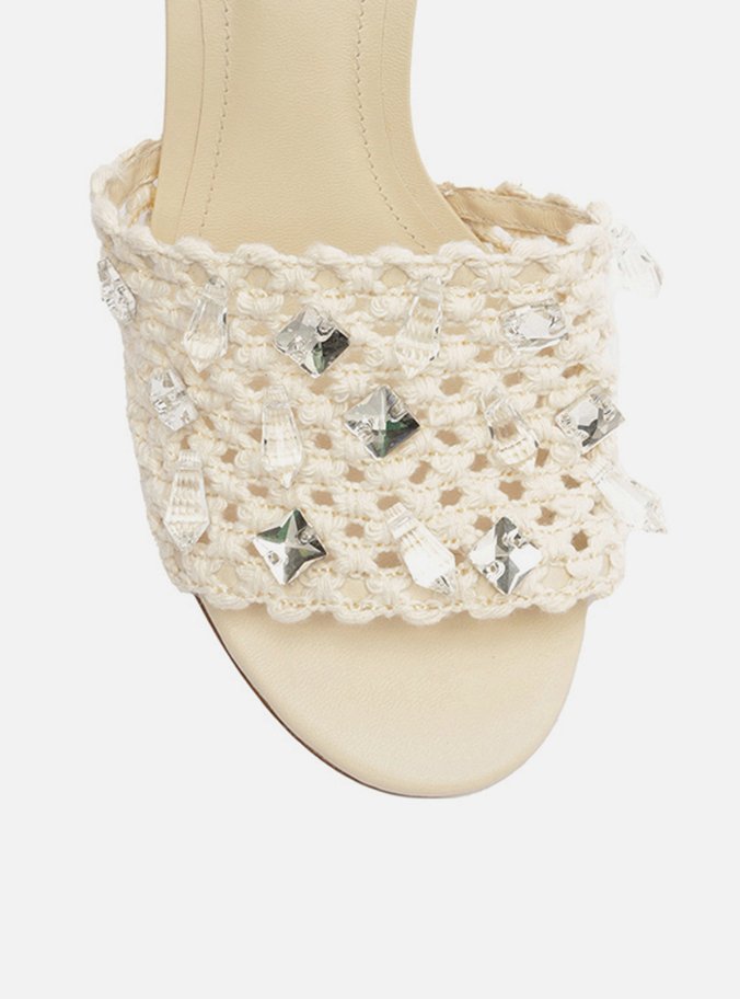 Mule Branco Salto Alto Bordado Floral