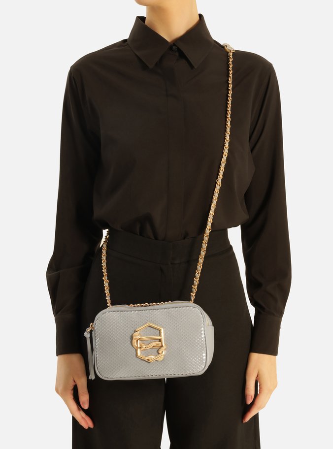 Bolsa Tiracolo Cinza Couro Snake Pequena Zíper