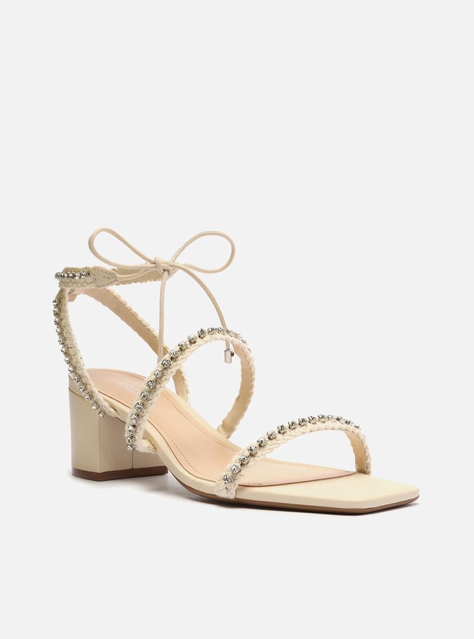 Sandália Off-White Salto Médio Bloco Strass Mykonos
