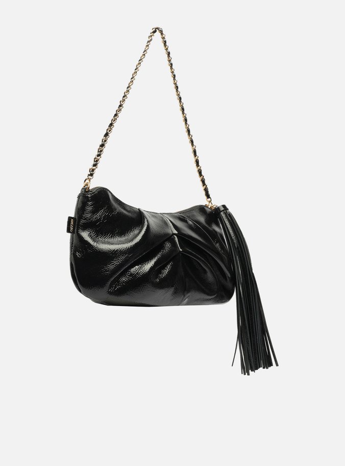 Bolsa Shoulder Preta Couro Grande Franzida