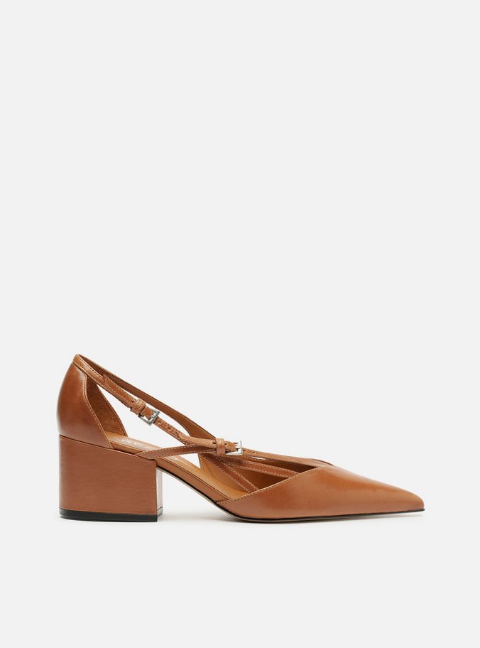 Scarpin Marrom Couro Bloco Semi Aberto Fivelas