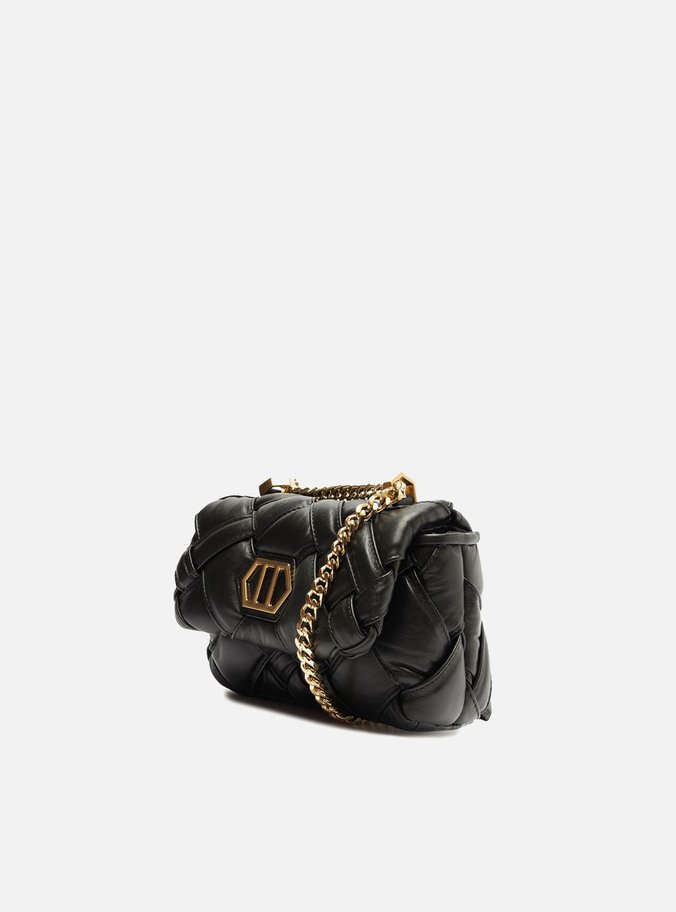 Bolsa Tiracolo Preta Couro Tressê Pequena