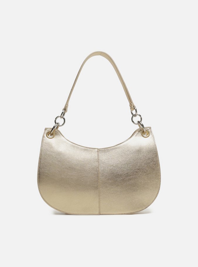Bolsa Hobo Dourada Couro Média Costuras Metais