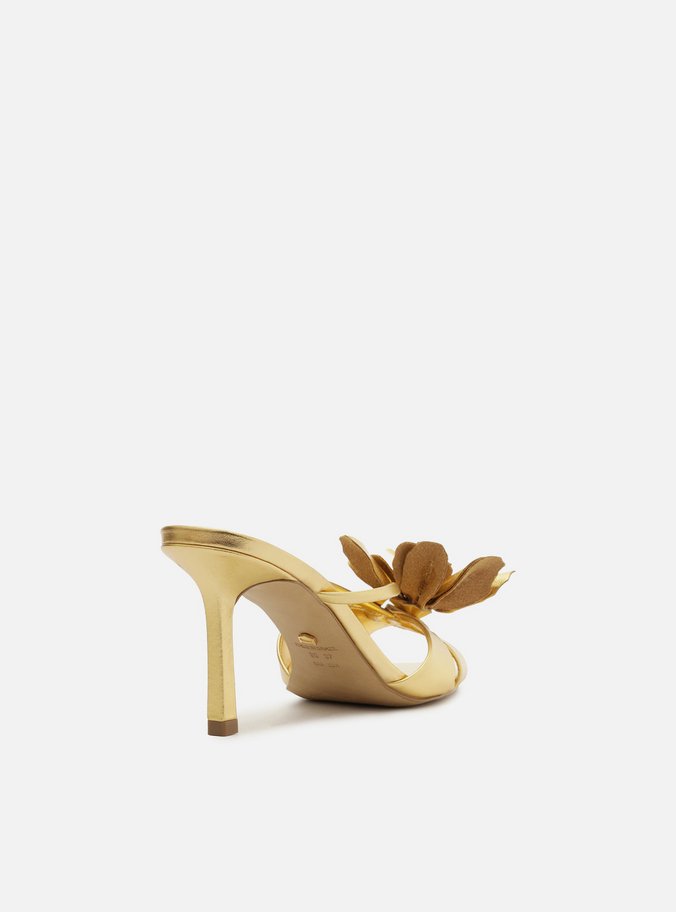 Mule Dourada Couro Salto Fino Flor