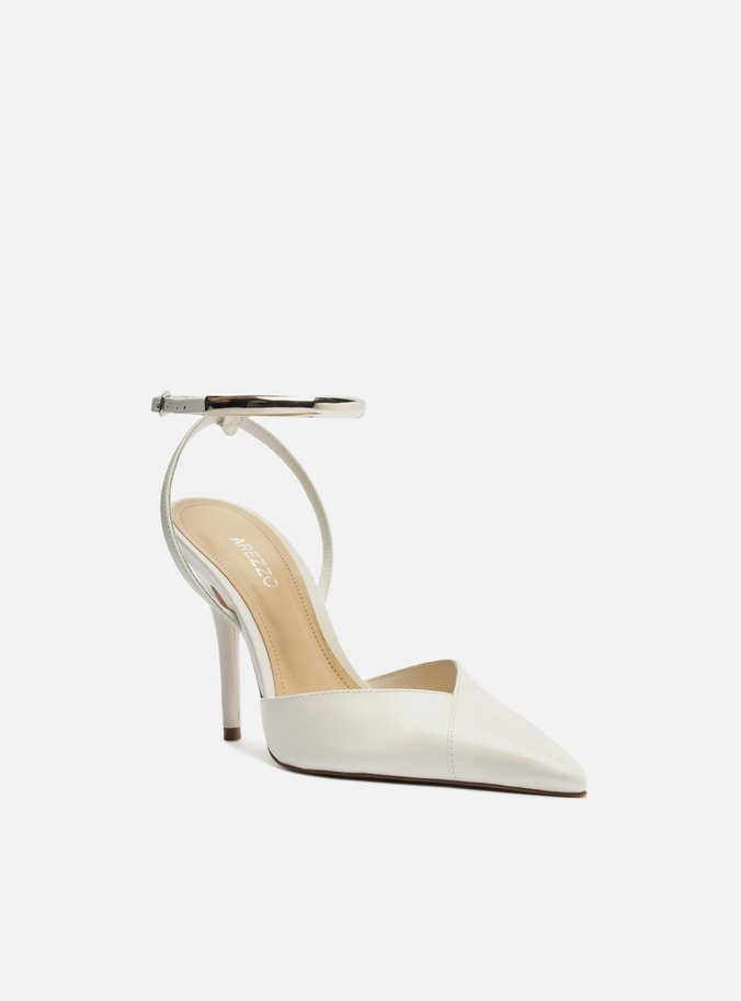 Scarpin Branco Couro Salto Alto Tira Metal