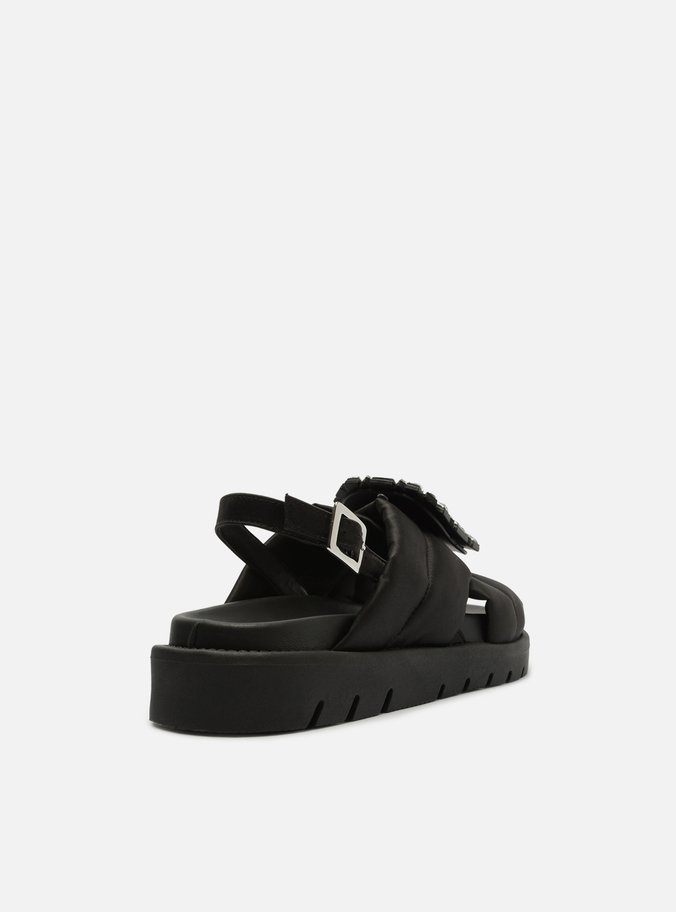Sandália Papete Preta Cetim Flatform Pedraria