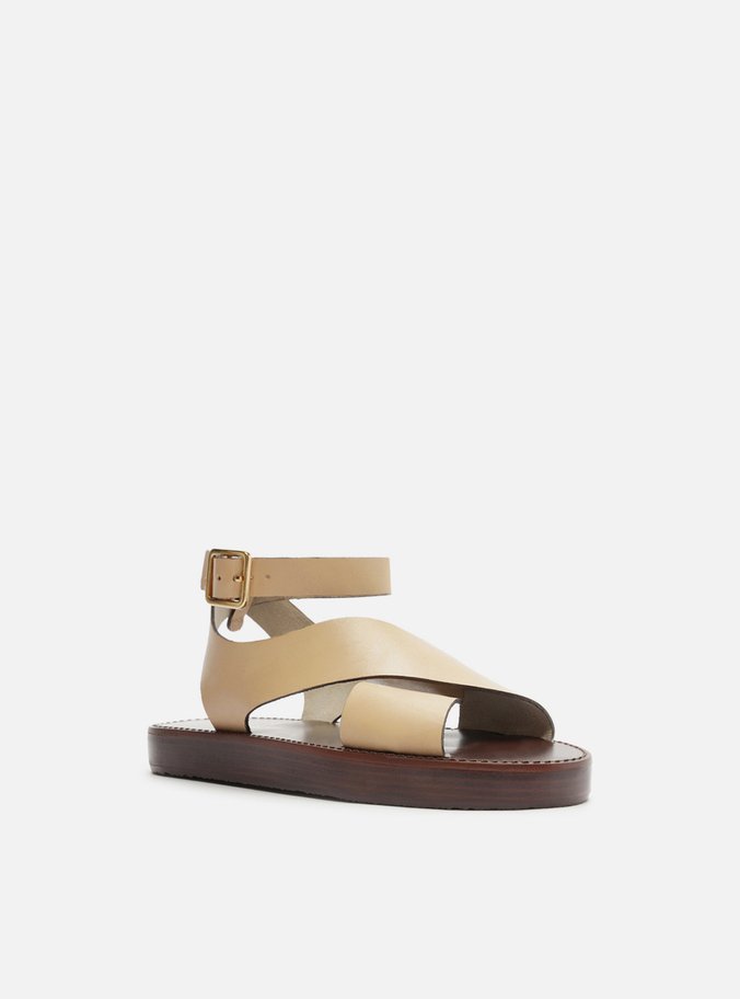 Sandália Bege Couro Flatform Tiras Largas