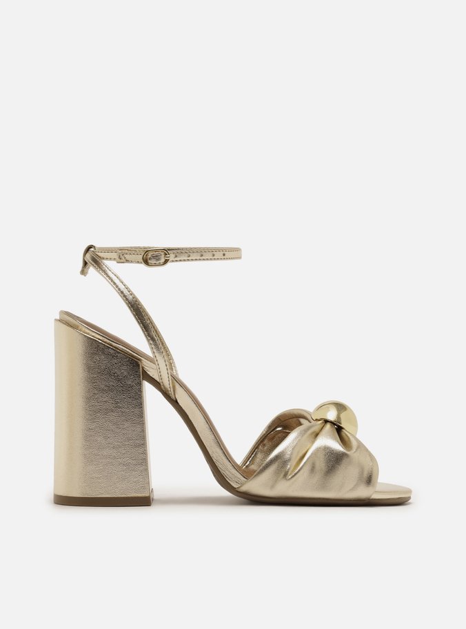 Sandália Dourada Couro Salto Alto Bloco Metal