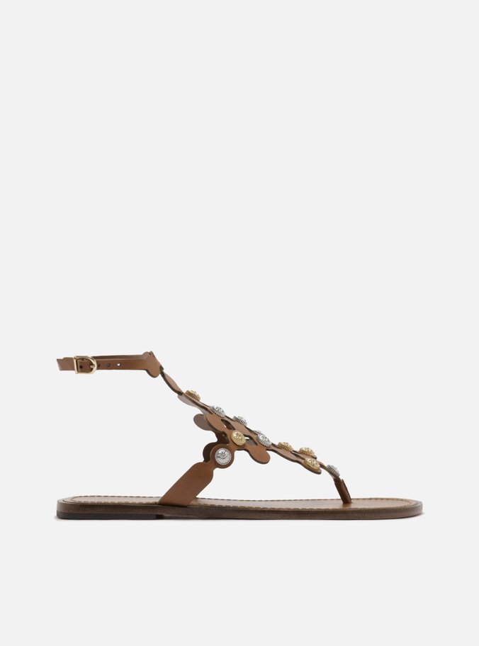 Sandália Rasteira Marrom Couro Círculos Metais