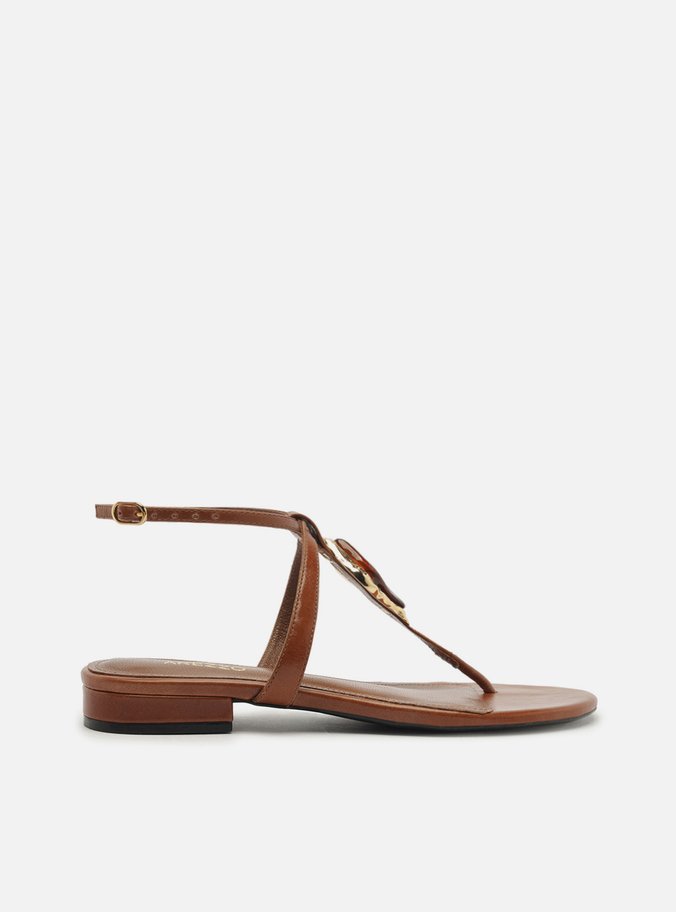 Sandália Rasteira Marrom Couro Slim Pedra Maxi