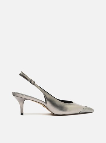 Scarpin Prata Couro Bico Fino Slingback Biqueira