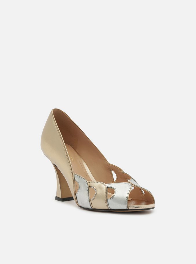 Peep Toe Dourado Couro Salto Médio Recortes