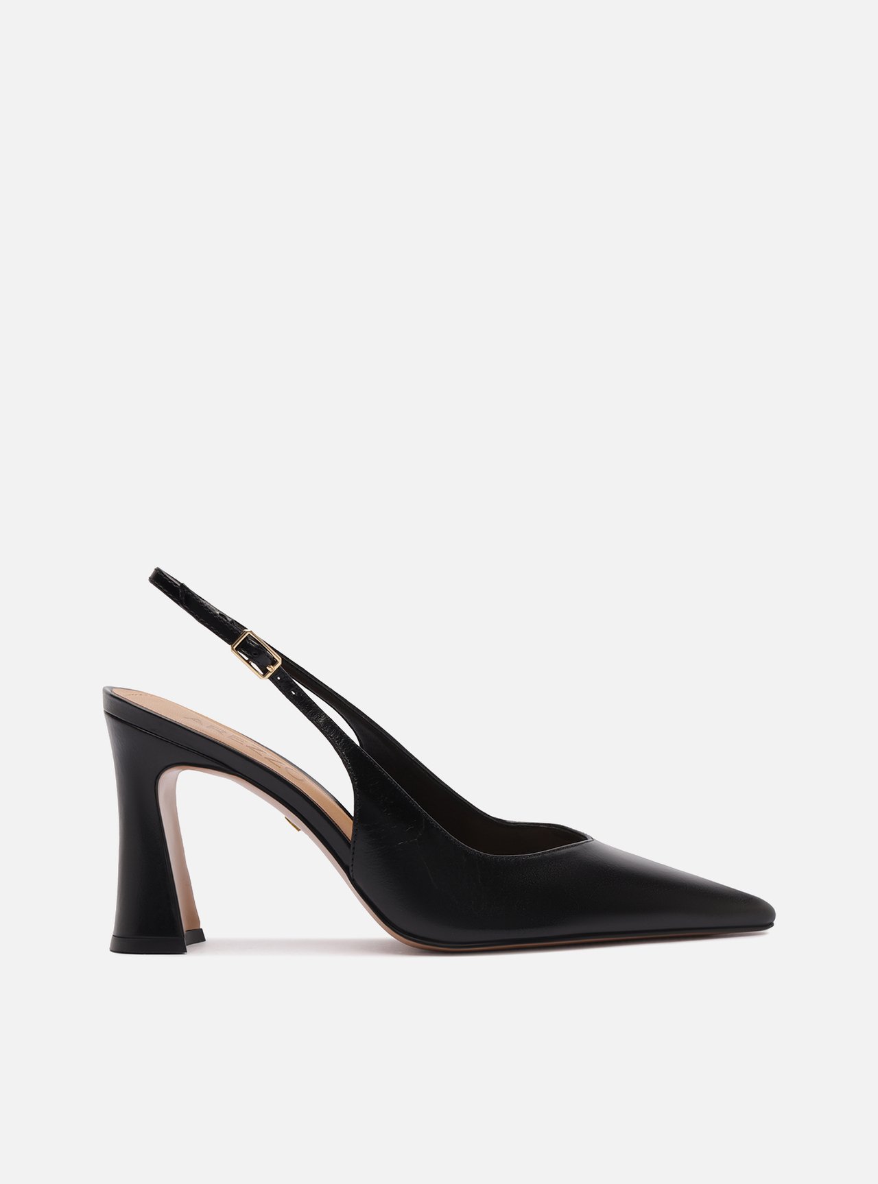 Scarpin Preto Couro Salto Alto Flare Slingback — foto 1