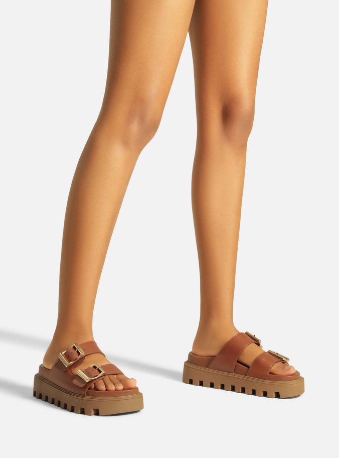 Sandália Marrom Couro Flatform Tratorada