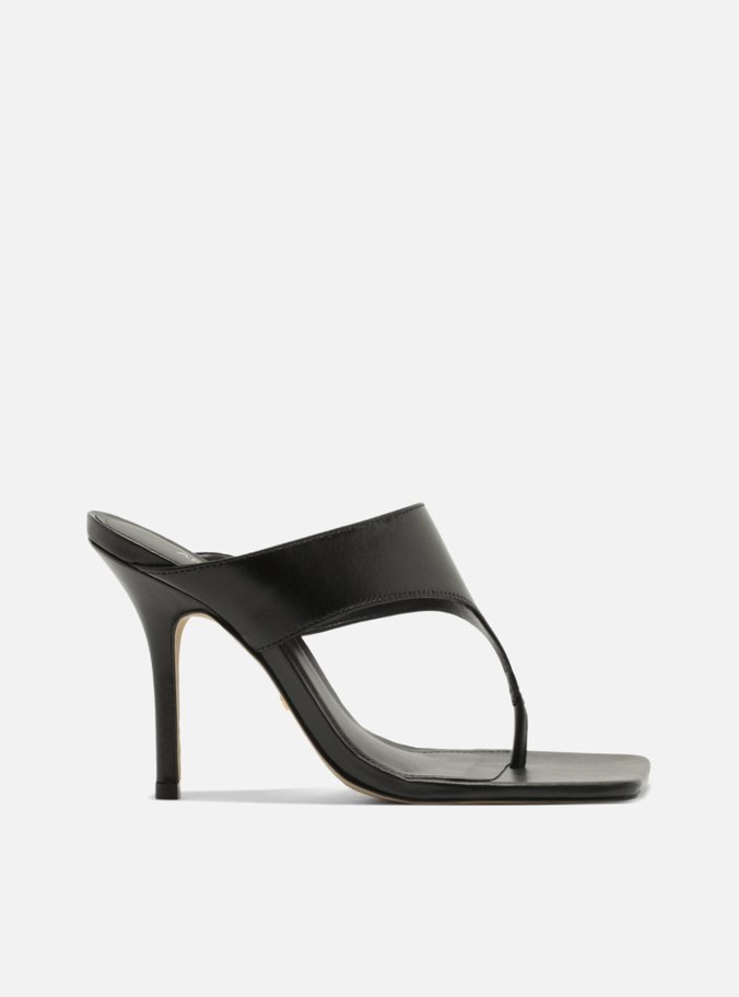 Sandália Preta Couro Salto Alto Tira Thong