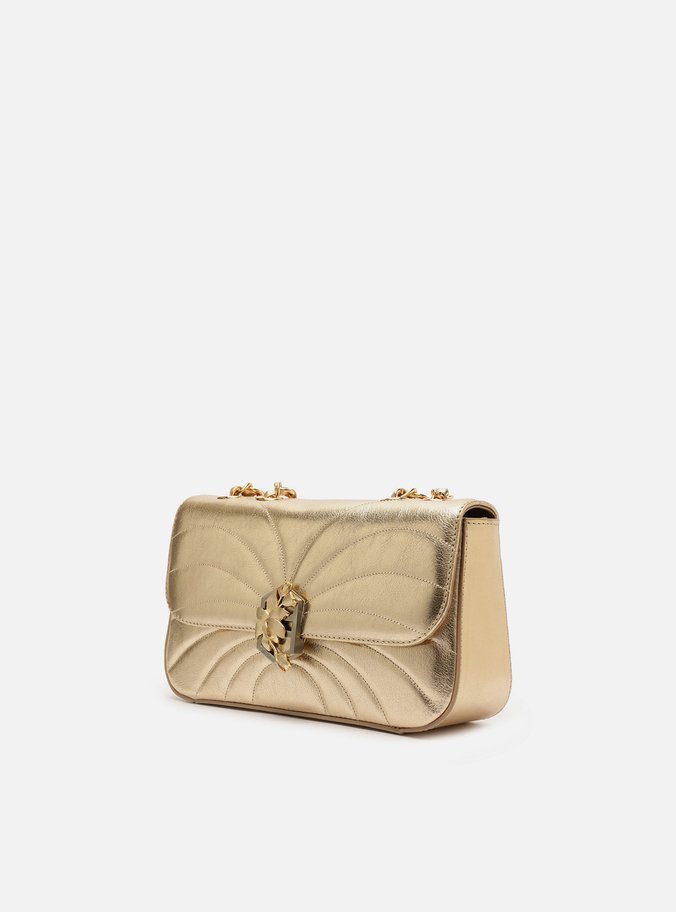 Bolsa Tiracolo Dourada Couro Média Metal Flor