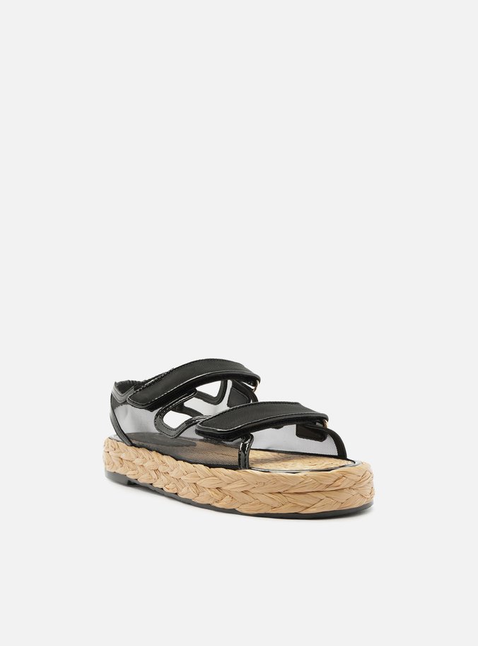Sandália Papete Preta Tela Flatform Velcro
