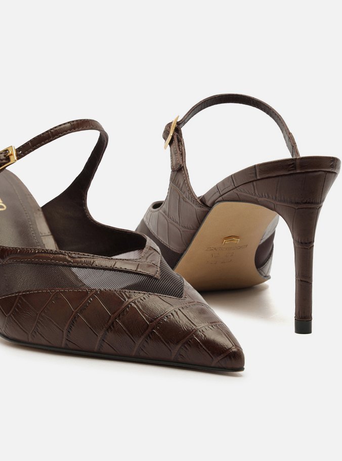 Mule Marrom Croco Salto Médio Fino Tela