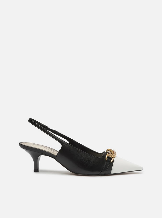 Scarpin Preto Couro Bico Fino Slingback Branco
