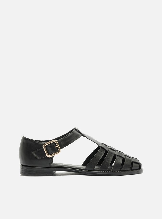 Sandália Rasteira Preta Couro Fisherman