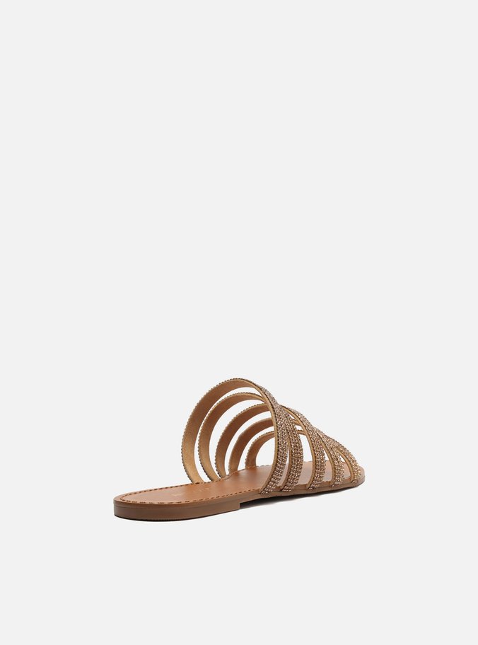 Rasteira Bege Flat Tiras Strass Gold