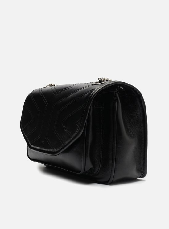Bolsa Tiracolo Preta Couro Costuras Corrente