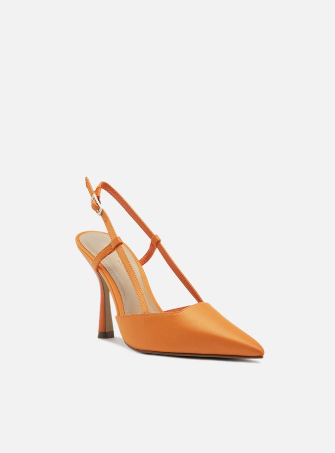 Scarpin Laranja Cetim Salto Alto Geométrico