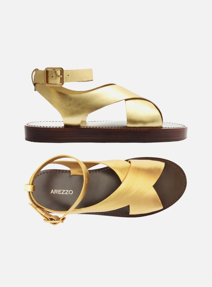 Sandália Dourada Couro Flatform Tiras Largas