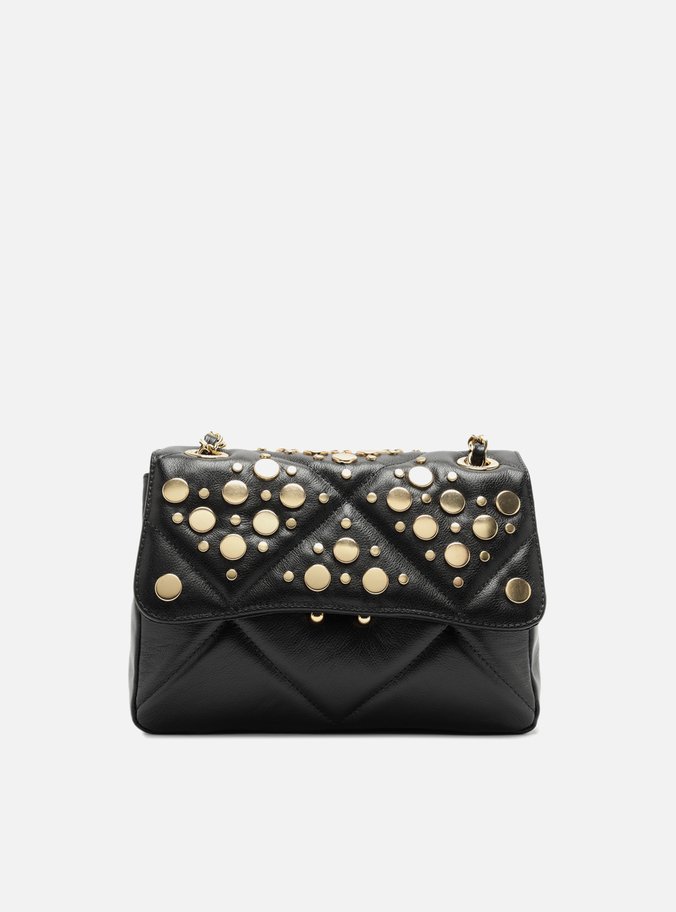 Bolsa Tiracolo Preta Couro Mizz Média Tachas