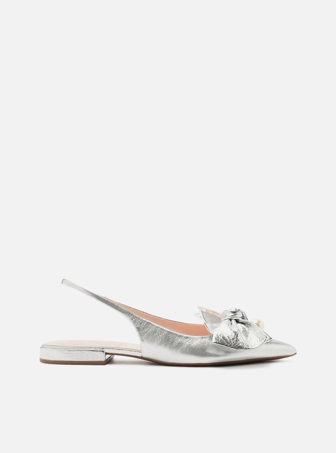 Sapatilha Prata Couro Slingback Laço Pérolas