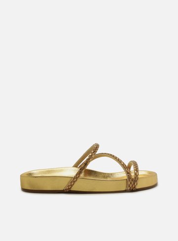 Sandália Rasteira Dourada Tira Diagonal Pedrarias