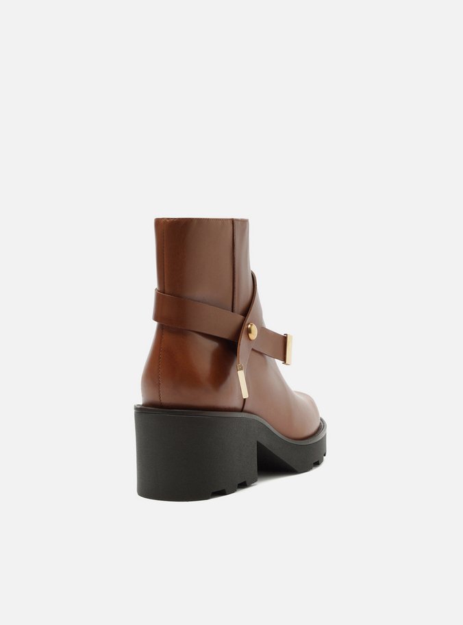 Bota Marrom Couro Cano Curto Salto Alto Tira