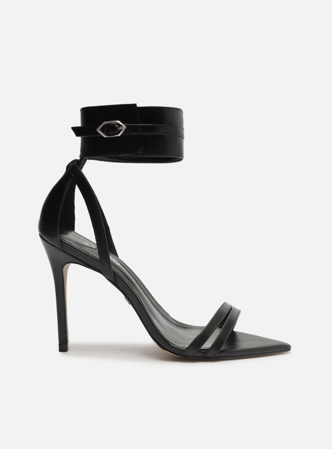 Sandália Preta Couro Salto Fino Ankle Strap