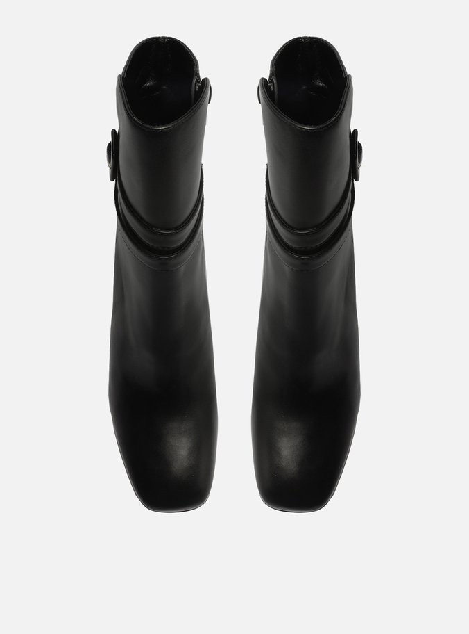 Bota Preta Couro Cano Médio Salto Bloco Tira