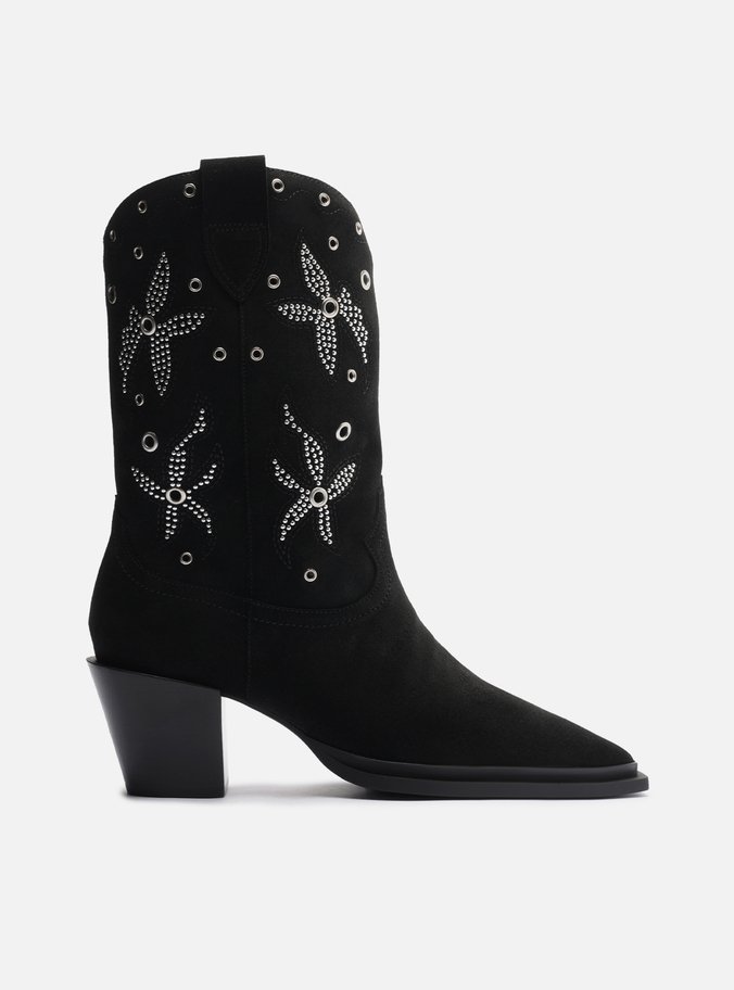 Bota Preta Acamurçada Cano Longo Bordada Western