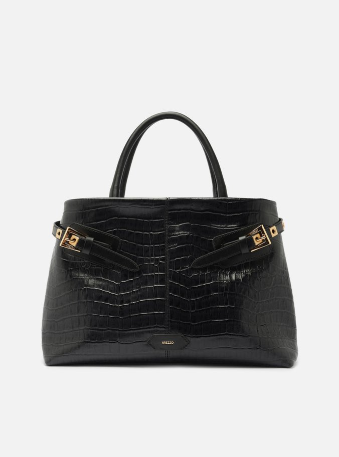 Bolsa Tote Preta Couro Croco Grande Fivelas