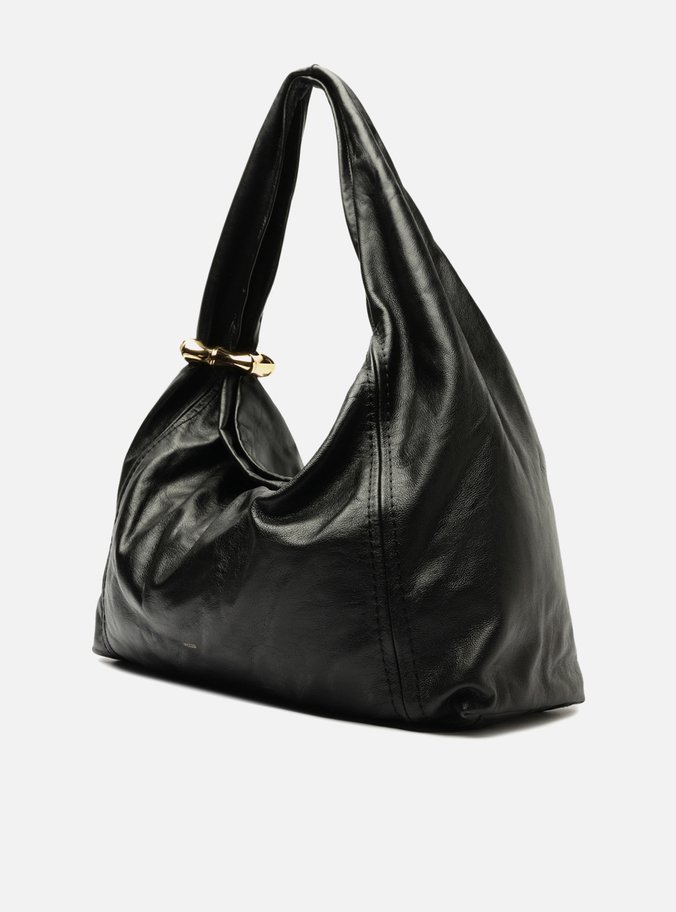 Bolsa Hobo Preta Couro Grande Metal