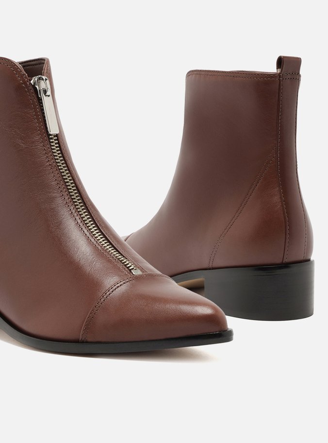 Bota Marrom Couro Cano Curto Bloco Zíper