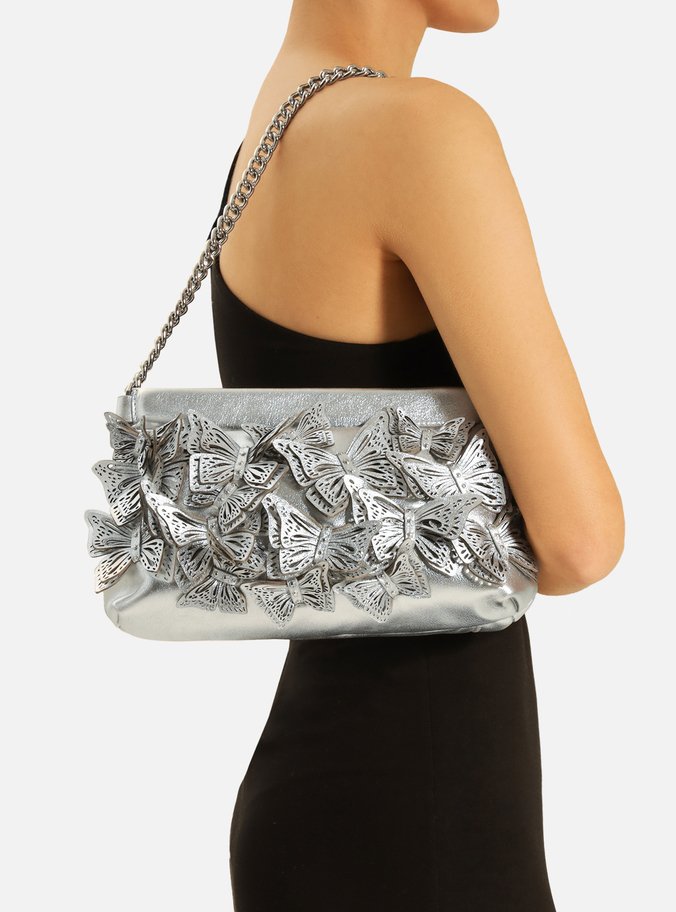 Clutch Prateada Couro Pequena Borboletas