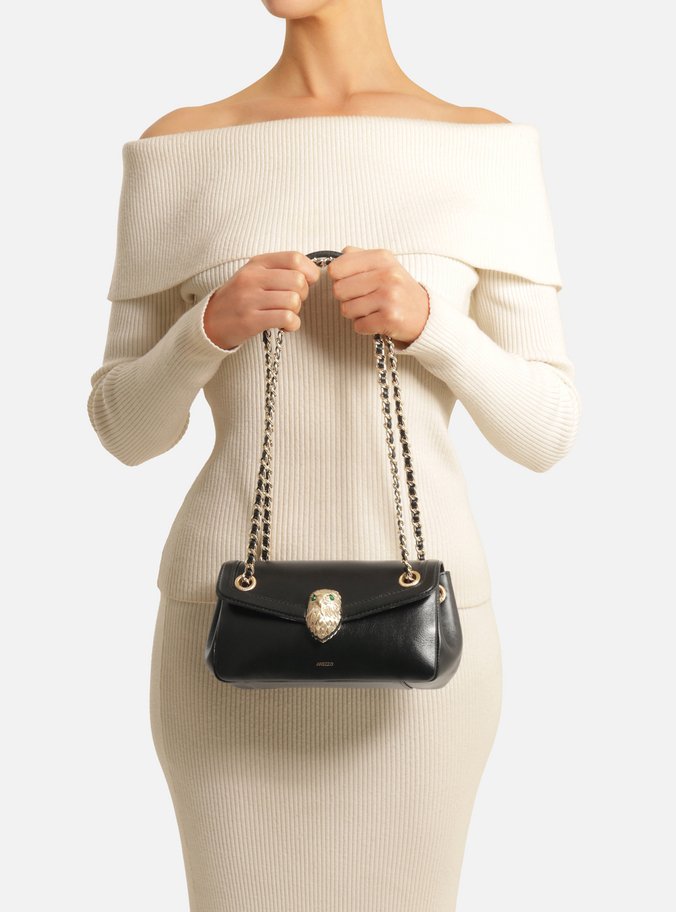 Bolsa Tiracolo Preta Couro Média Metal Águia