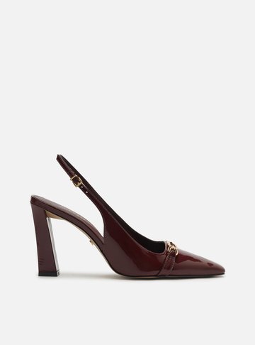 Scarpin Vinho Verniz Salto Alto Slingback Metal