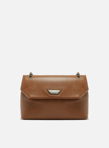 Bolsa Tiracolo Marrom Couro Média Lapela Metal